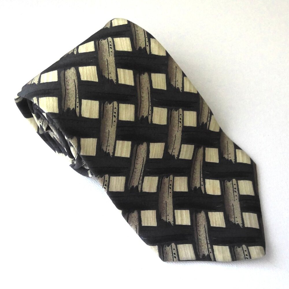 Vtg Cambridge Classics Men's Silk Neck Tie Printed in Italy Black Beige & Taupe